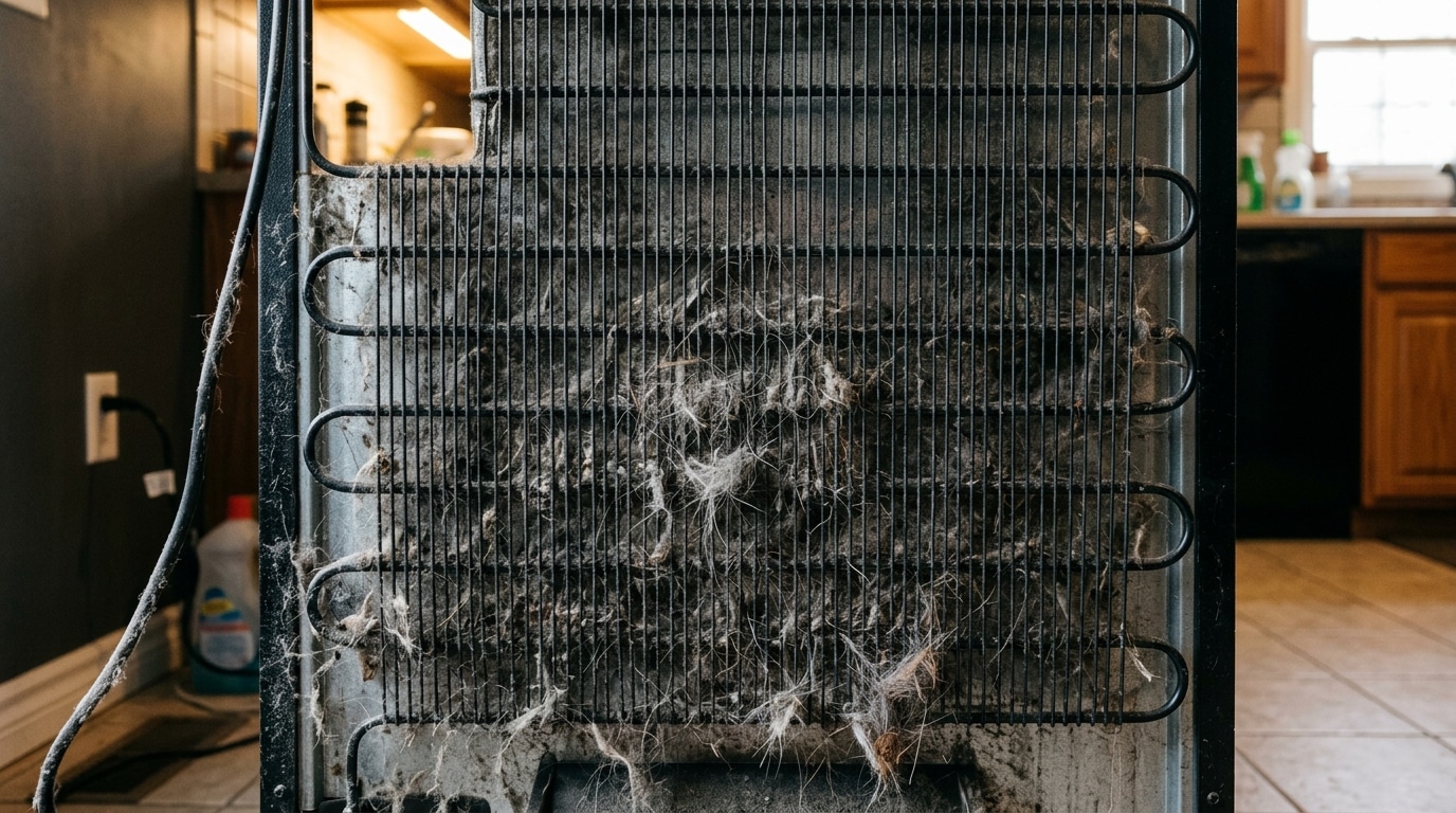 Grille du condenseur de frigo couverte de poussière