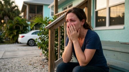 Femme effondrée de chagrin devant une maison de vacances