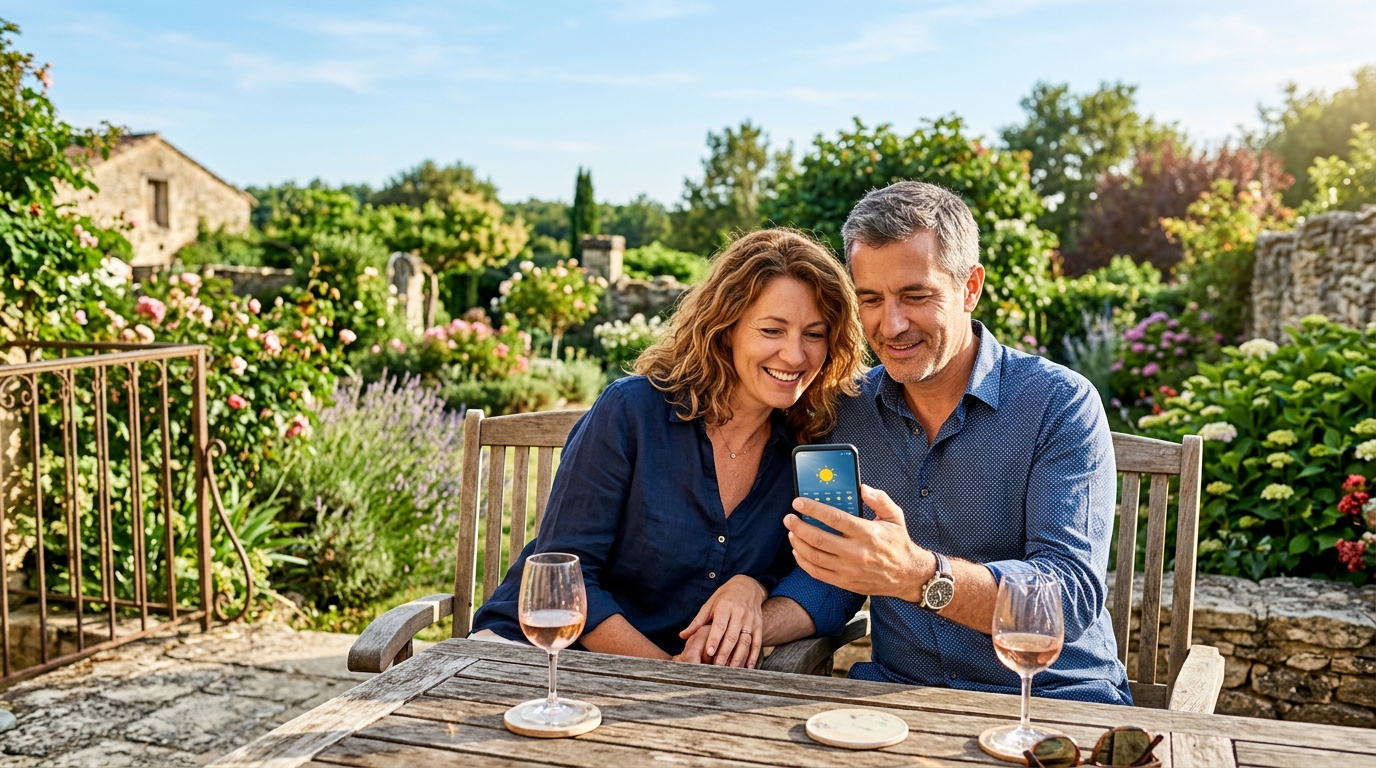 Couple consultant la météo sur smartphone en terrasse