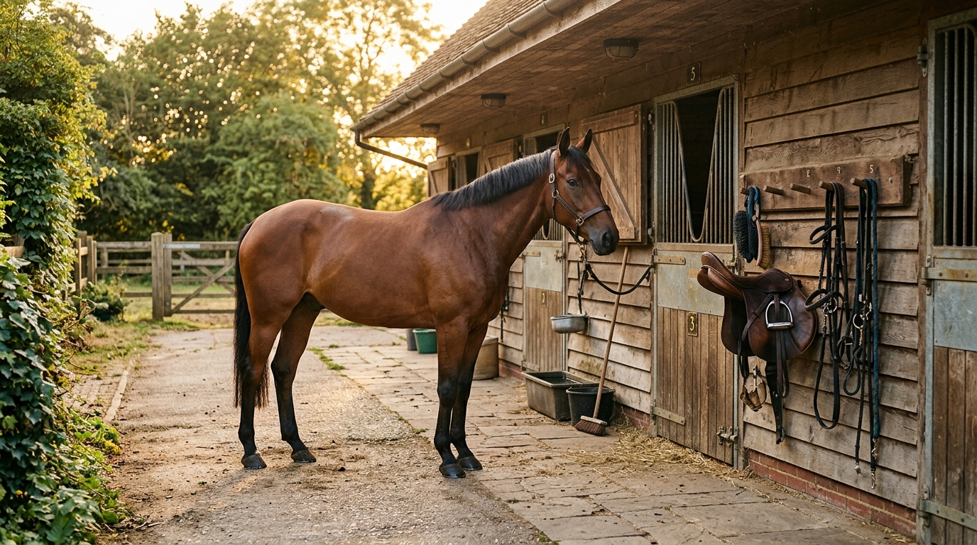 Cour d'écurie baignée de lumière dorée avec un cheval
