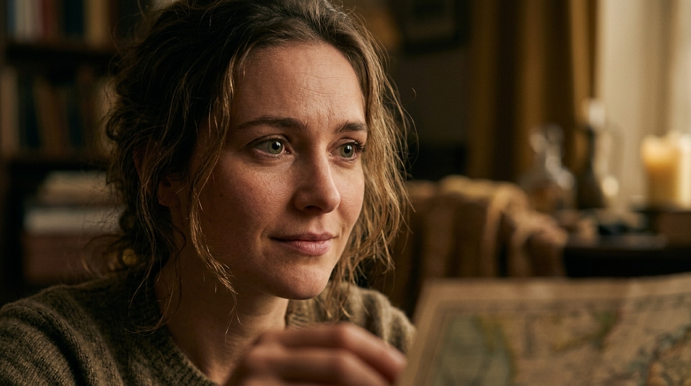Femme souriante plongée dans ses souvenirs de séries