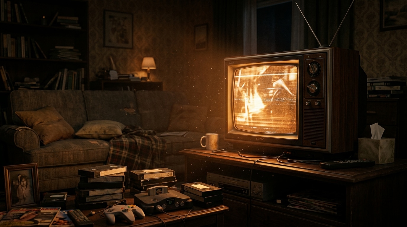 Vieille télévision allumée dans salon sombre nostalgique