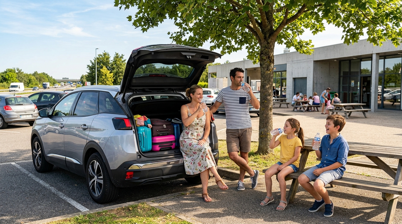 Famille fait une pause hydratation sur une aire d'autoroute