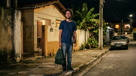Jeune homme rejeté de chez lui la nuit, valise à la main