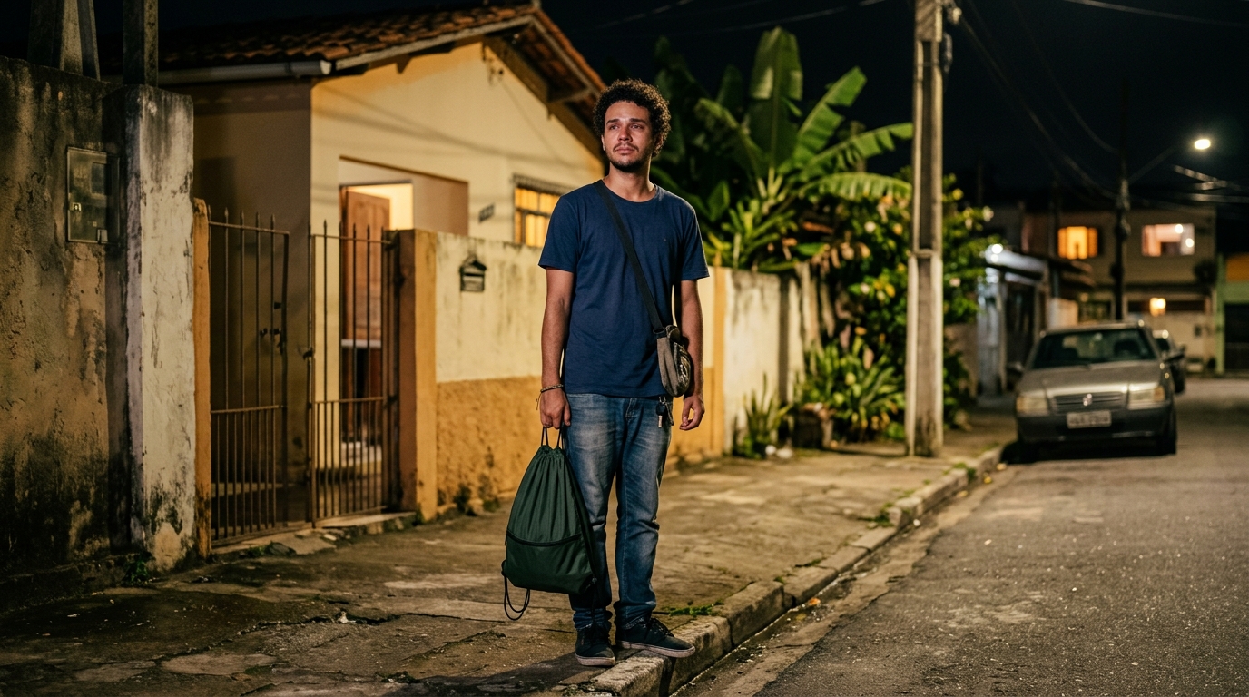 Jeune homme rejeté de chez lui la nuit, valise à la main