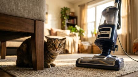 Chat effrayé caché derrière un canapé face à un aspirateur