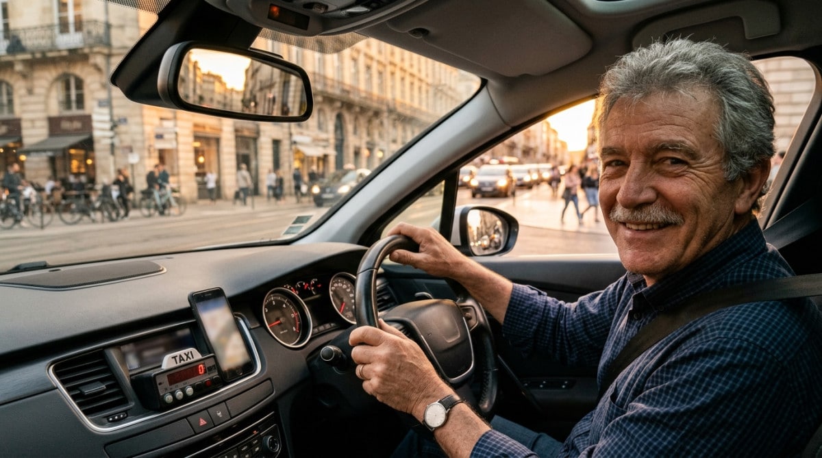 Chauffeur de taxi senior souriant au volant
