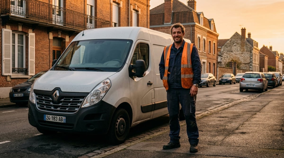 Chauffeur-livreur souriant devant sa camionnette à Amiens