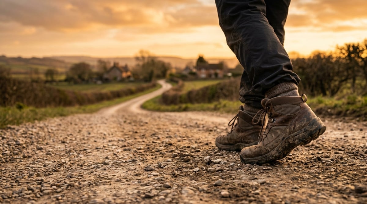 Chaussures de marche sur un long chemin de campagne