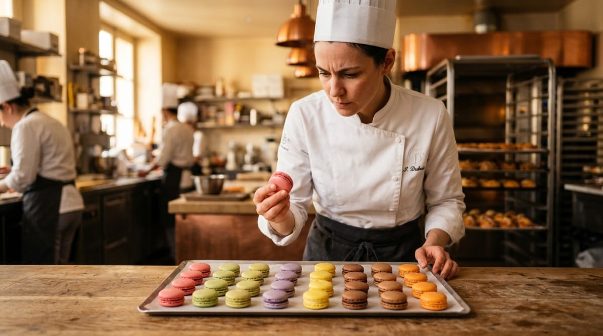 Chef examinant la collerette caractéristique des macarons