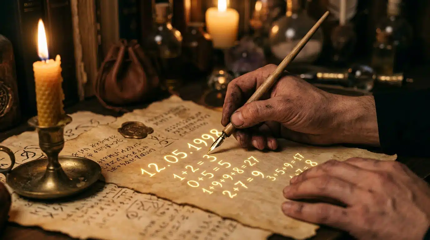 Mains écrivant des chiffres pour la numérologie