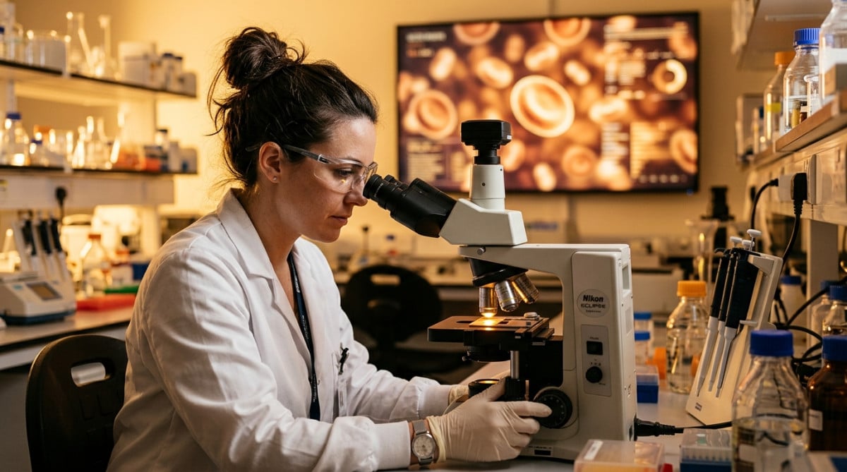 Chercheuse examinant des cellules sanguines au microscope