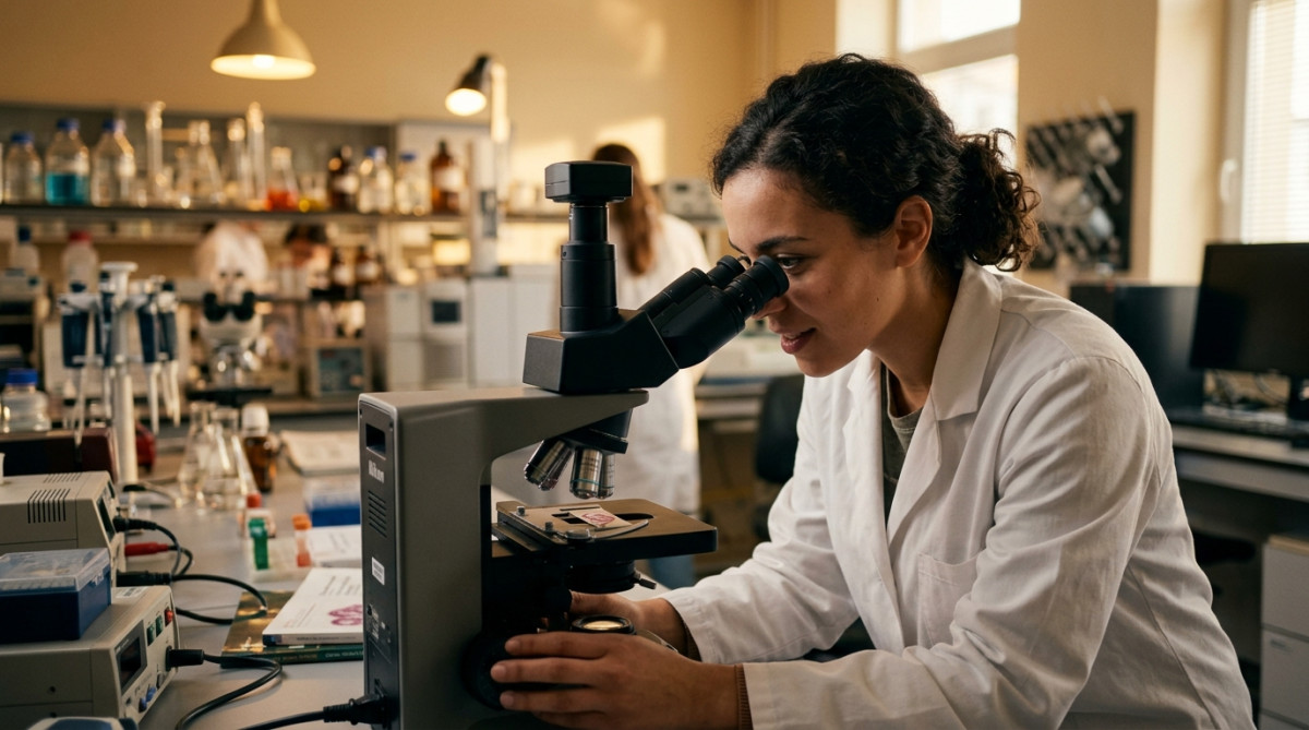 Chercheuse examinant une langue de chat au microscope