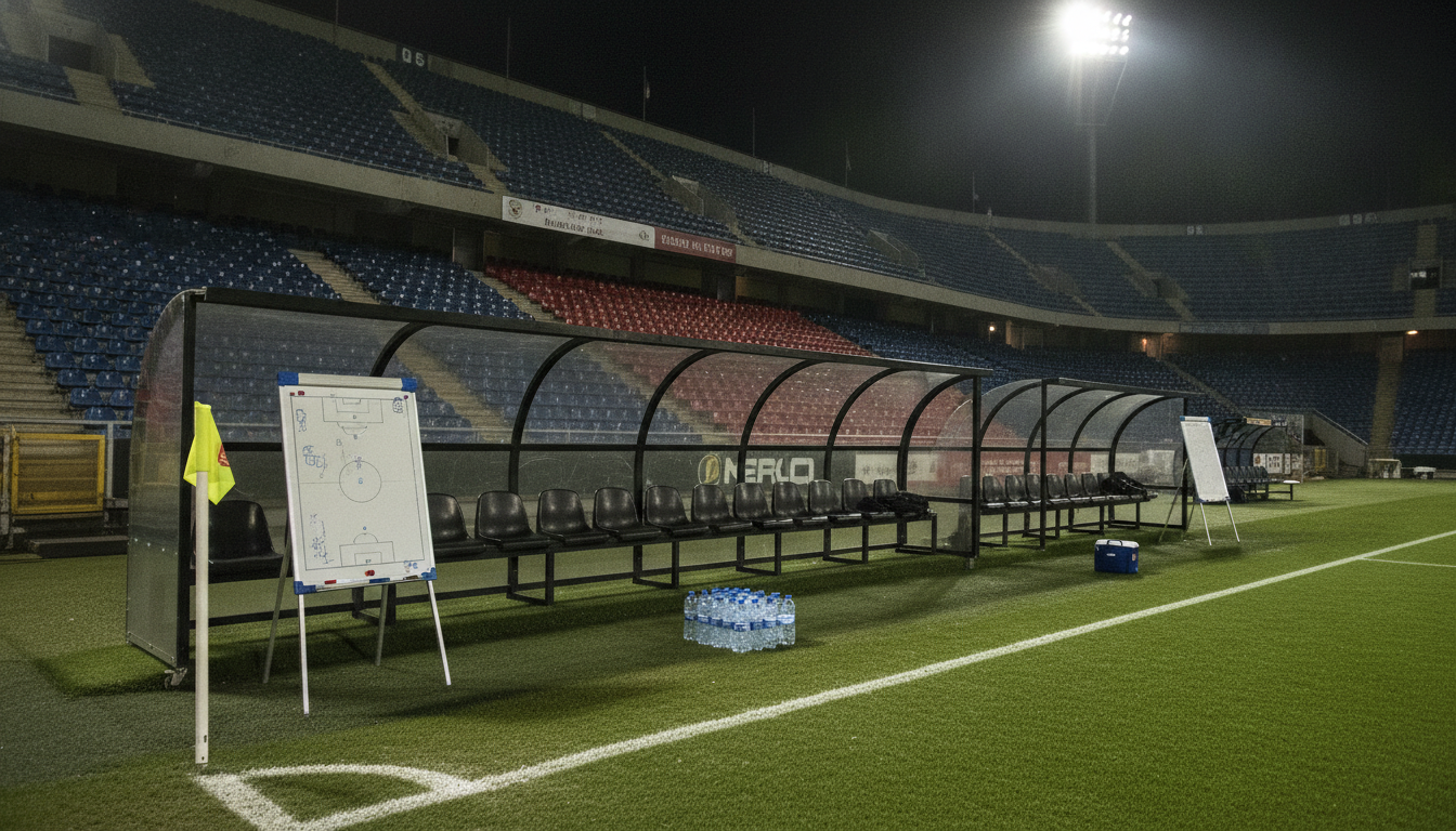 Banc de touche éclairé en soirée lors d'un match international