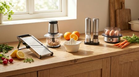 Cinq petits appareils de cuisine posés sur un plan de travail