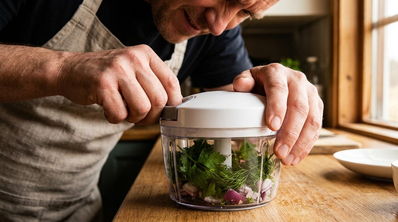 Mains utilisant un hachoir avec herbes fraîches en cuisine