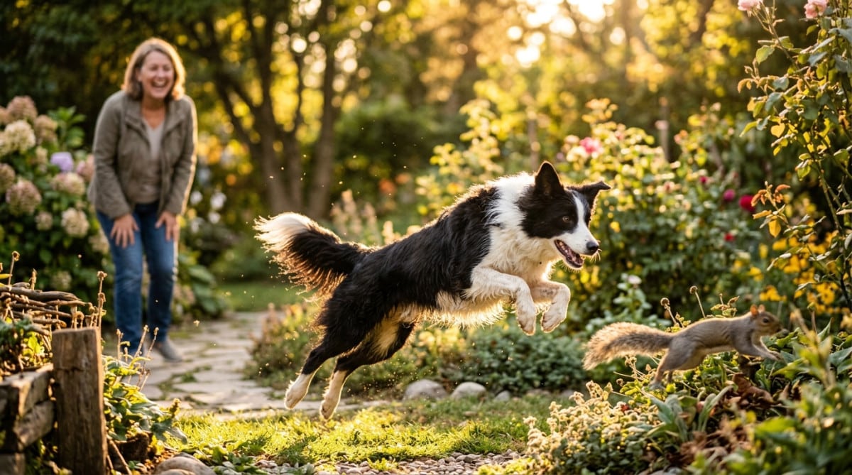 Chien bondissant pour attraper un écureuil en mouvement