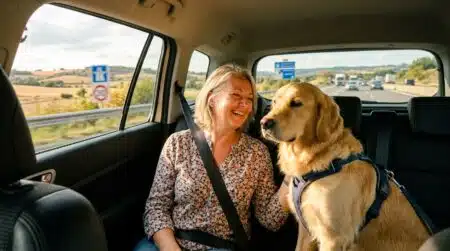 Chien attaché en sécurité sur la banquette arrière d'une voiture