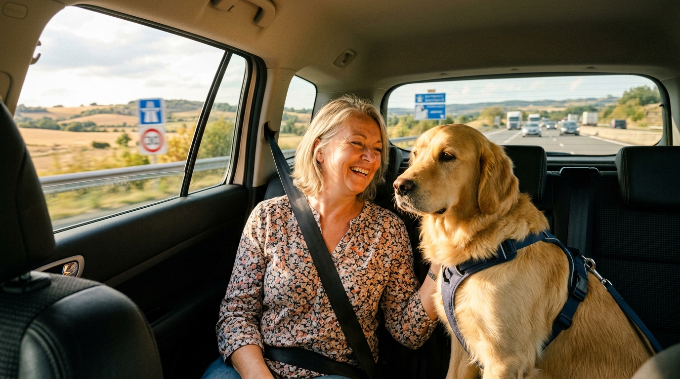 Chien attaché en sécurité sur la banquette arrière d'une voiture