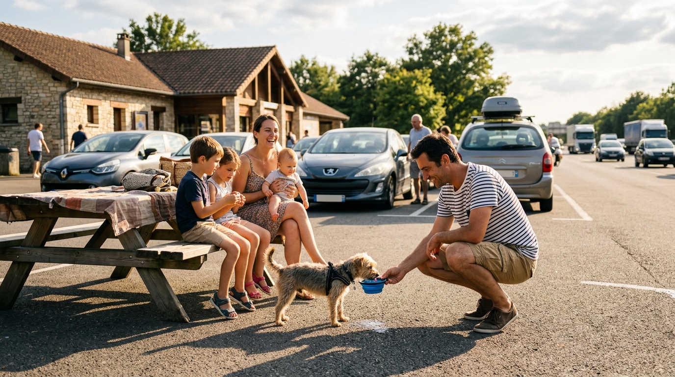 Pause hydratation pour un chien sur une aire d'autoroute