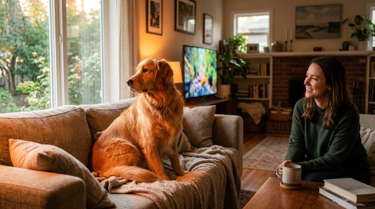 Chien fixant un écran de télévision sur un canapé