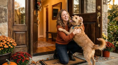 Chien joyeux accueillant son propriétaire à la porte