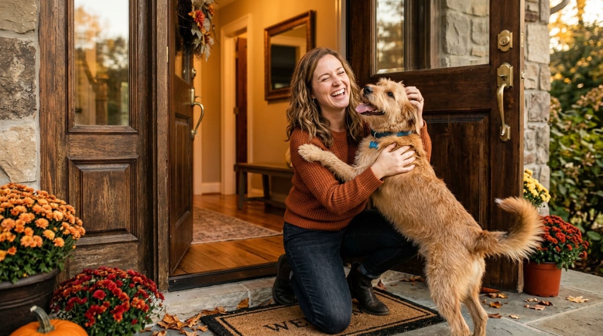 Chien joyeux accueillant son propriétaire à la porte
