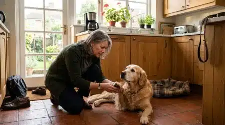 Femme vérifiant les coussinets de son chien avant de partir