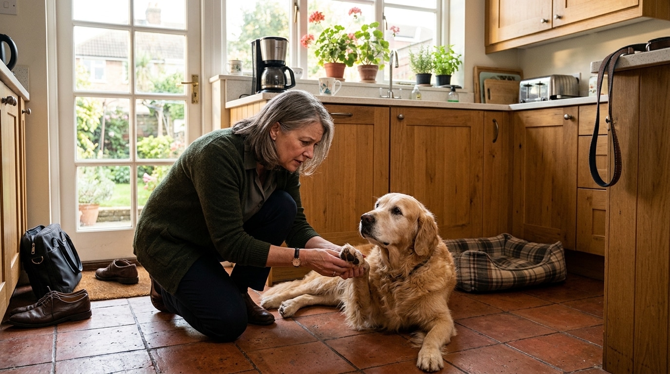 Femme vérifiant les coussinets de son chien avant de partir