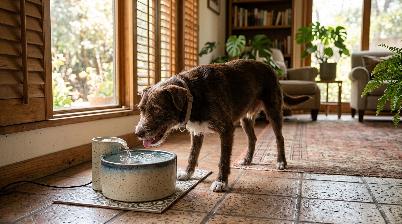 Chien buvant à une fontaine à eau fraîche à l'intérieur