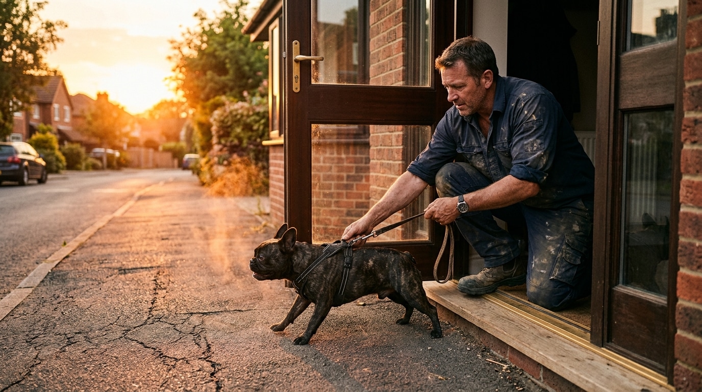 Homme retenant son chien avant une sortie en soirée
