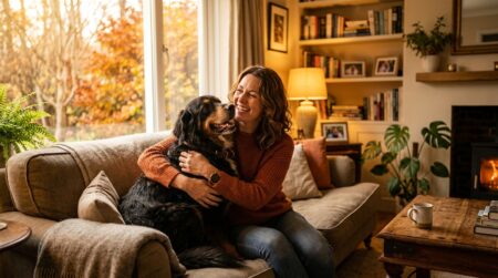 Femme souriante câlinant un grand chien fidèle