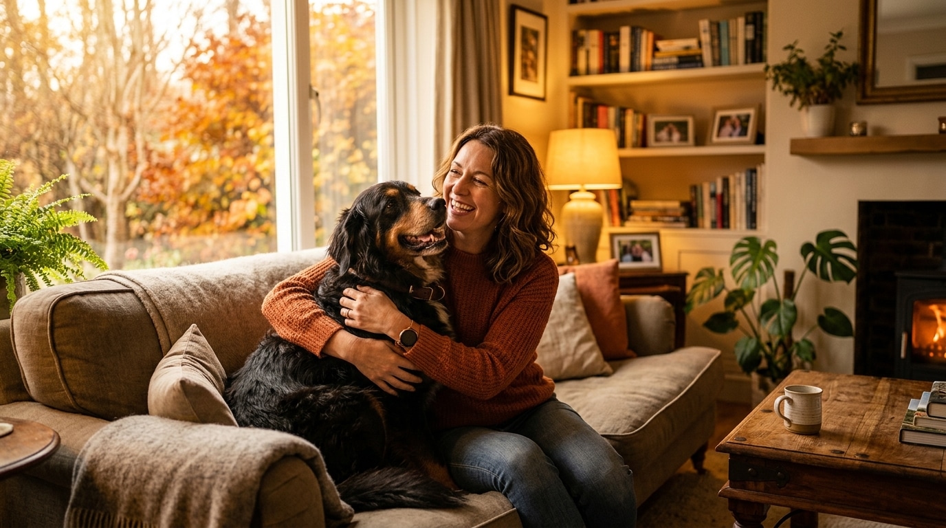 Femme souriante câlinant un grand chien fidèle