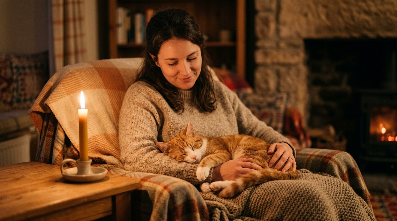 Femme apaisée avec un chat endormi sur ses genoux