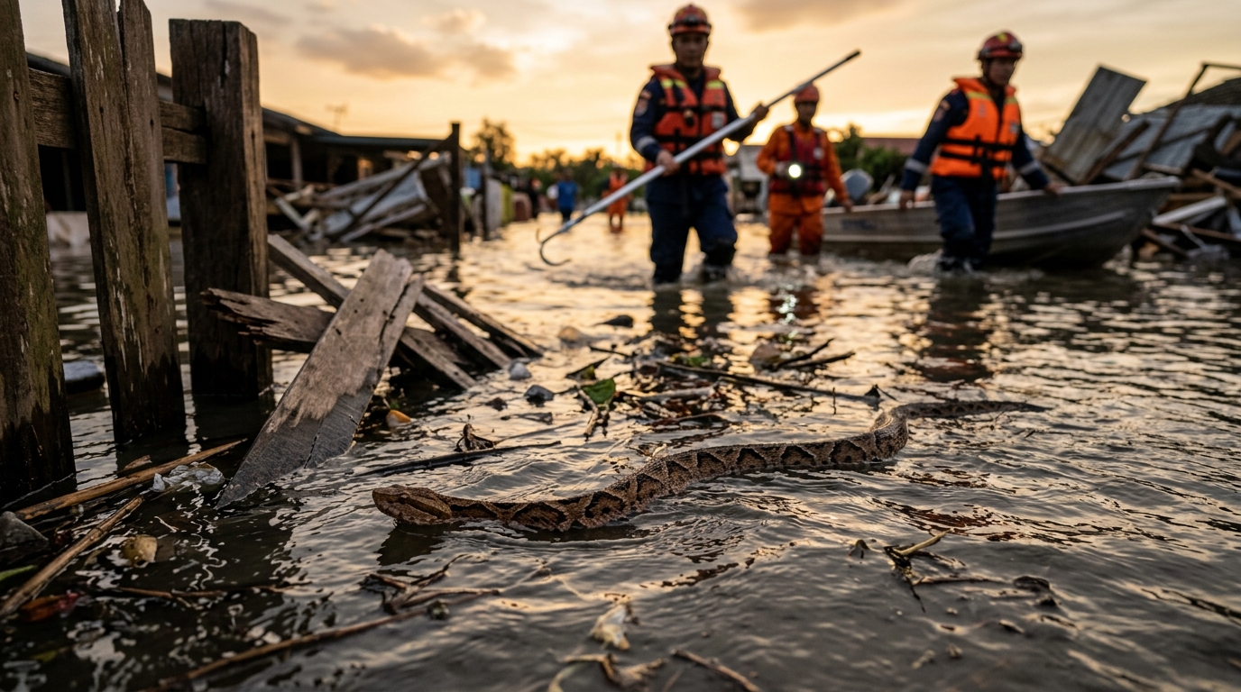 Serpent venimeux nageant dans les eaux de crue