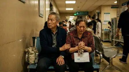 Parents inquiets dans un couloir d'hôpital en Chine