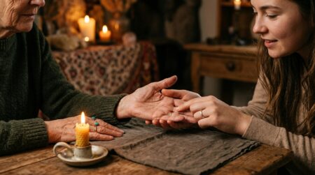Deux mains examinées à la lumière de bougies dorées
