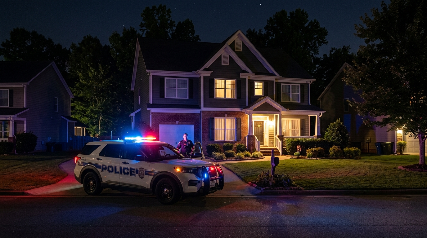 Maison familiale de nuit avec véhicule de police garé devant