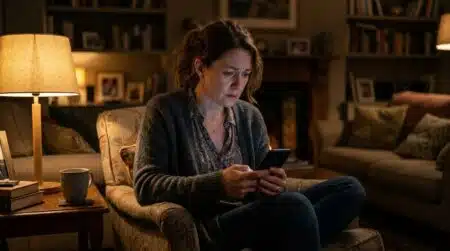 Femme inquiète tenant son téléphone dans un salon