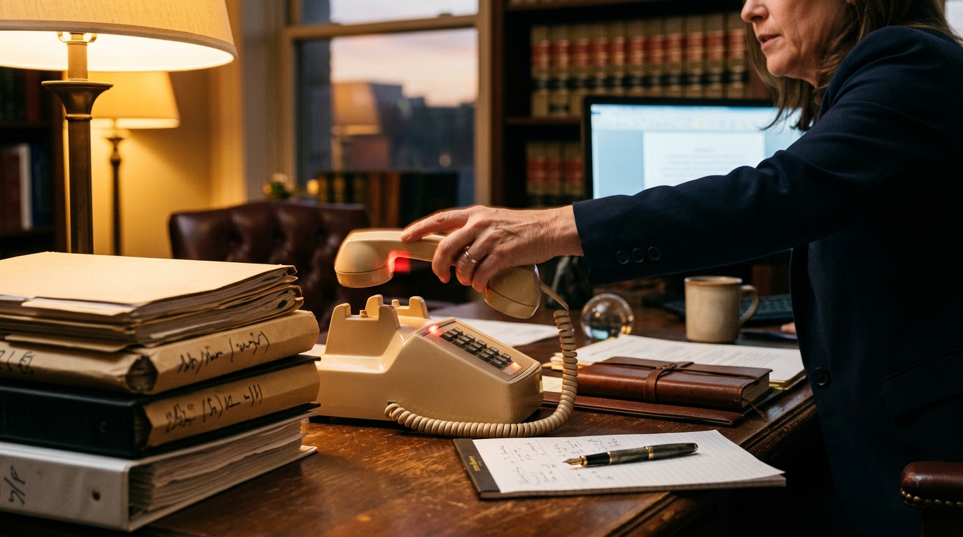 Bureau d'avocat avec téléphone sonnant et dossiers