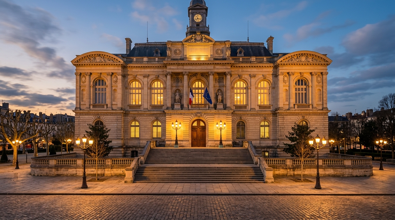 Façade d'un palais de justice français au crépuscule