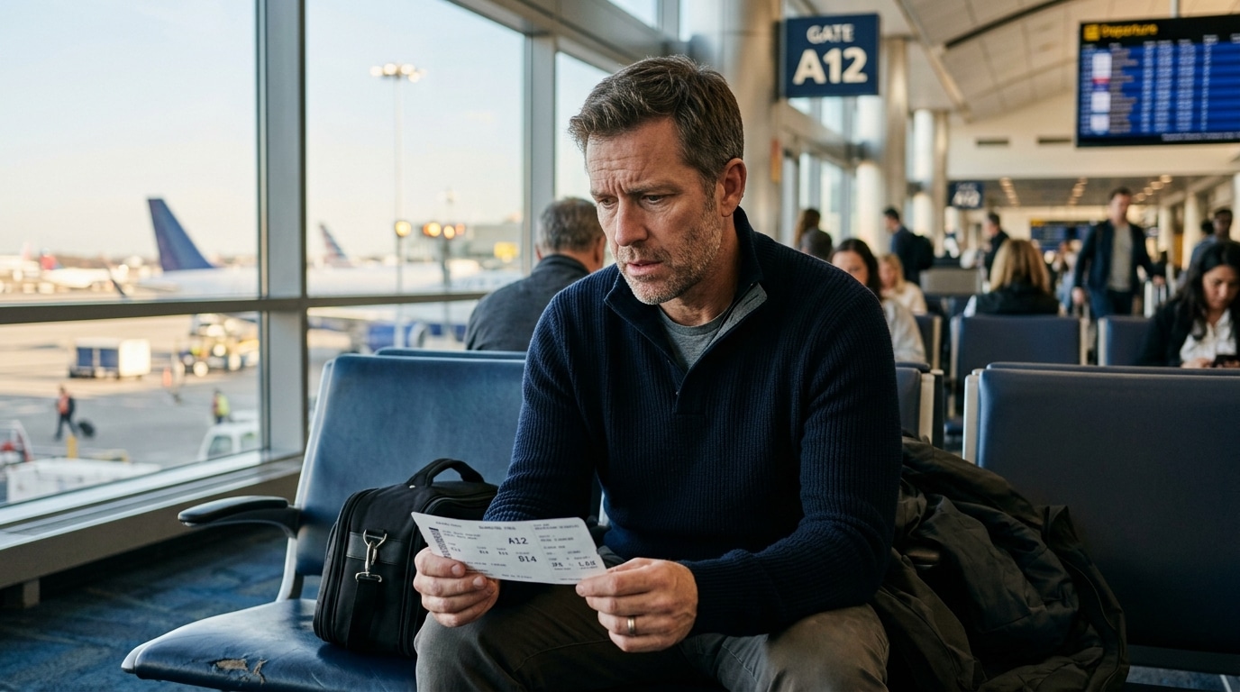 Homme anxieux assis seul dans un aéroport
