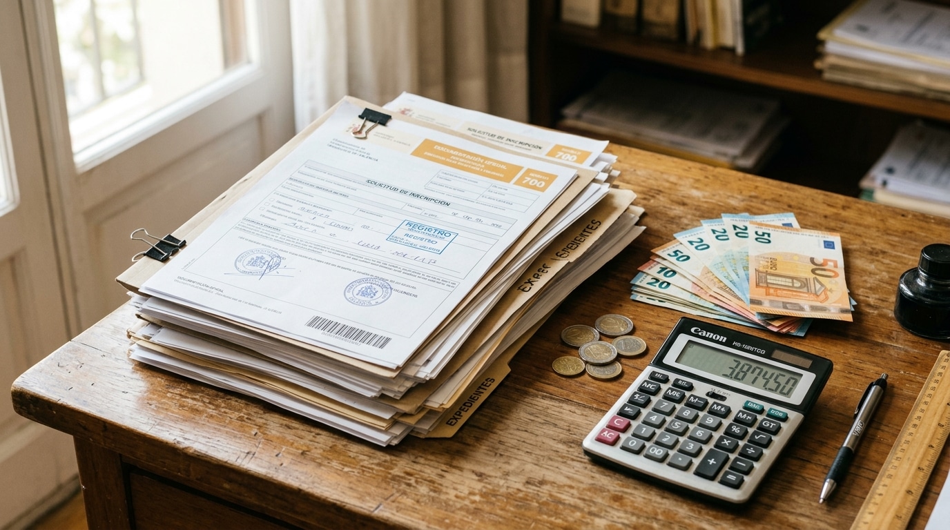 Documents administratifs et billets en euros sur un bureau