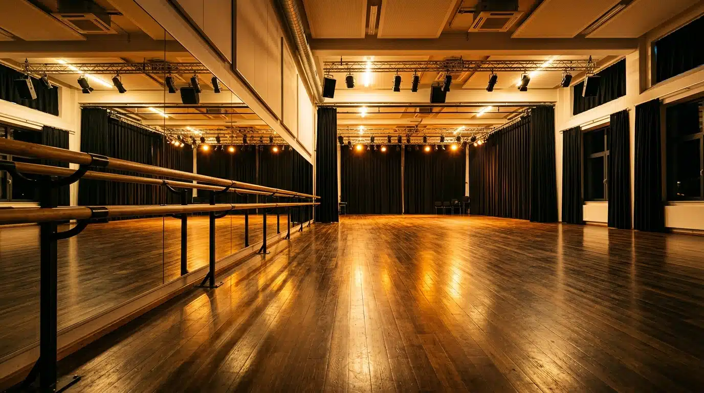 Studio de répétition de danse vide avec lumières dorées et parquet en bois