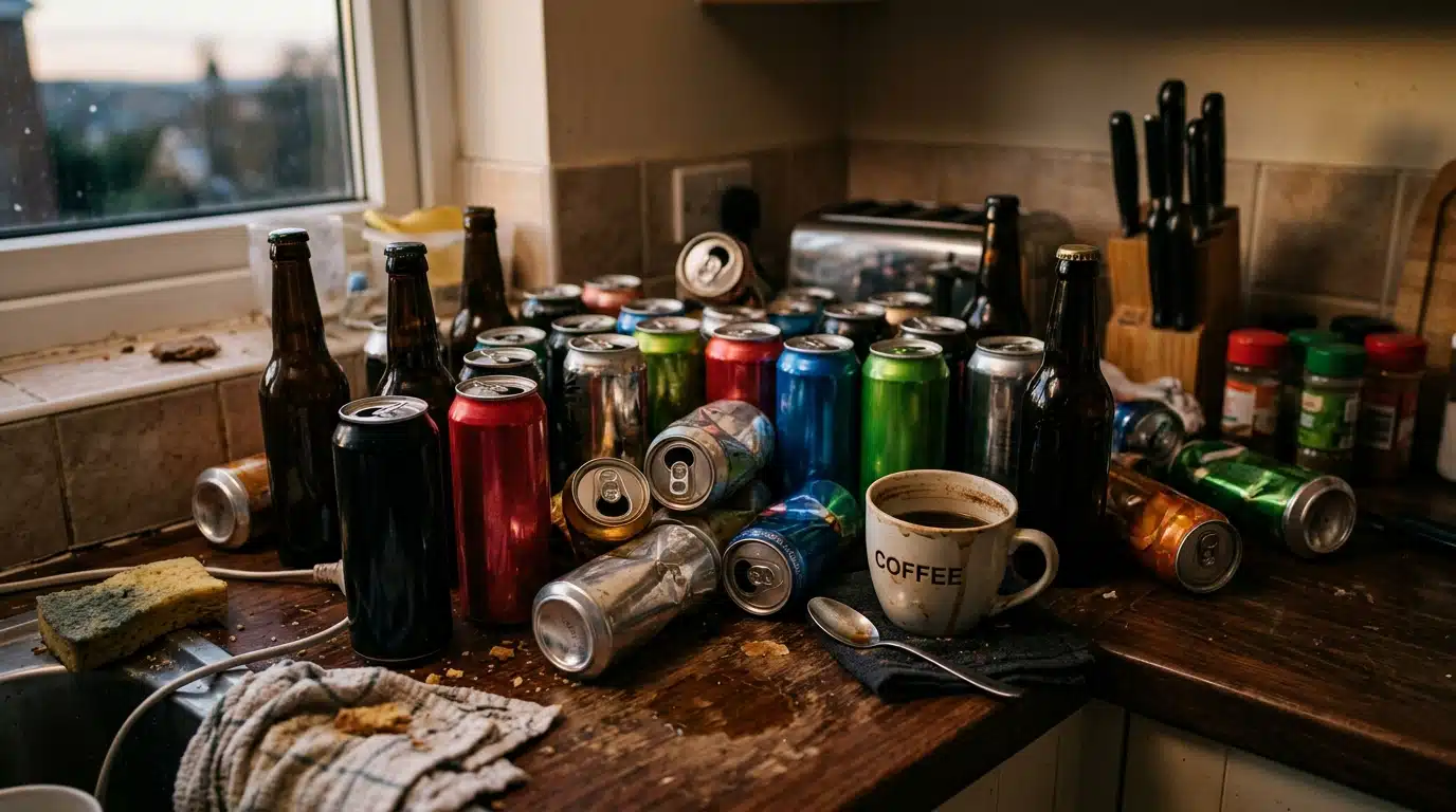 Plusieurs canettes et tasses de café accumulées sur un comptoir