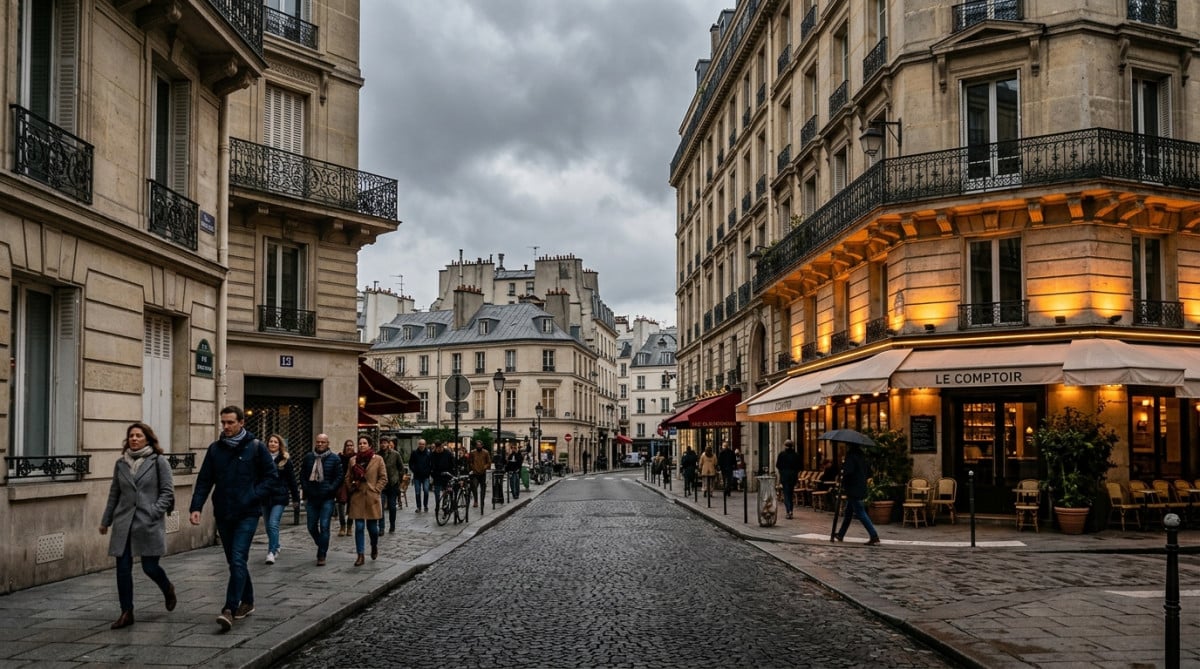 Ciel couvert et ambiance fraîche dans une rue parisienne