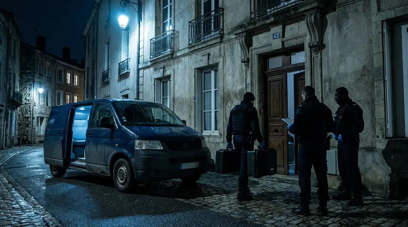 Fourgon de police garé devant un immeuble ancien