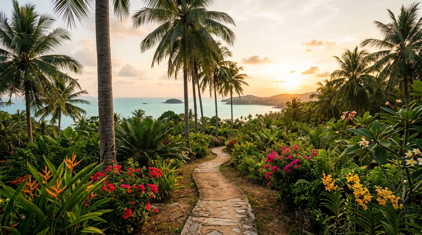 Chemin tropical en Thaïlande avec palmiers et lumière dorée du coucher de soleil