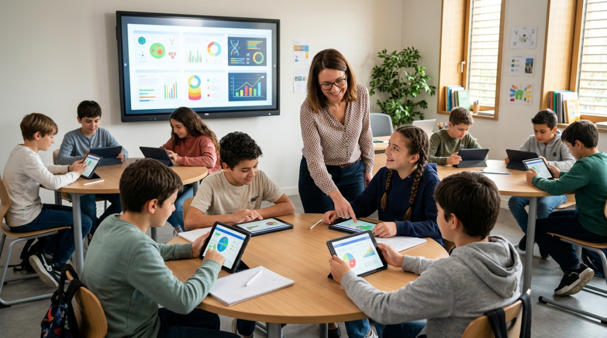 Classe moderne avec tablettes numériques et tableau interactif