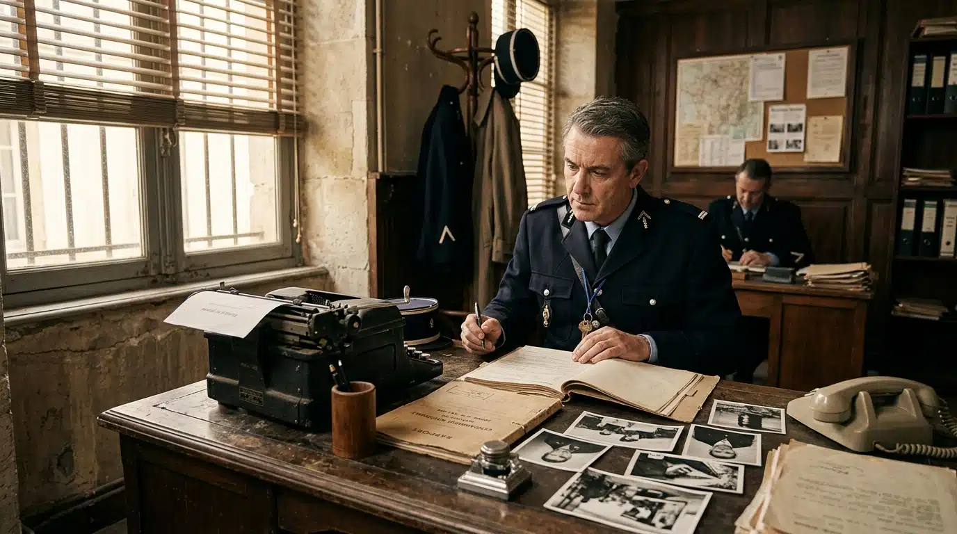 Bureau de gendarmerie vintage avec dossier d'enquête des années 1950